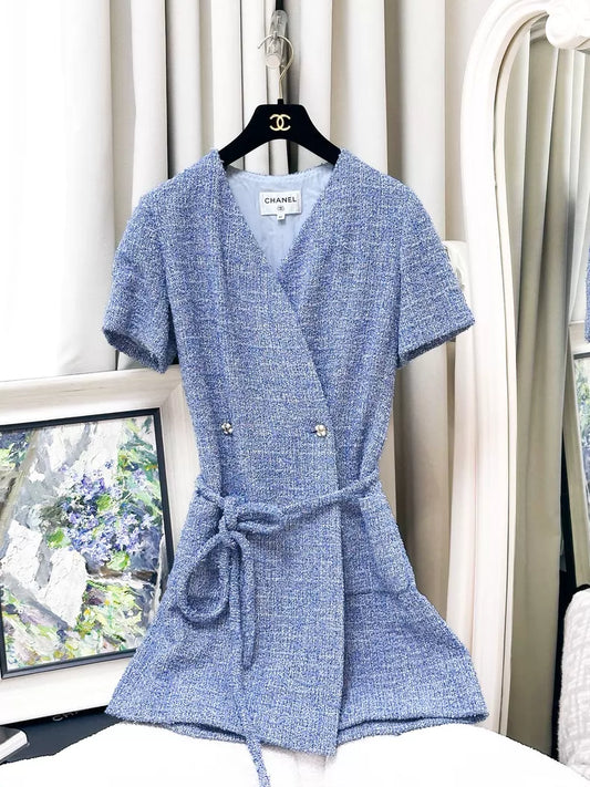 Chanel 24P blue and white tweed jumpsuit