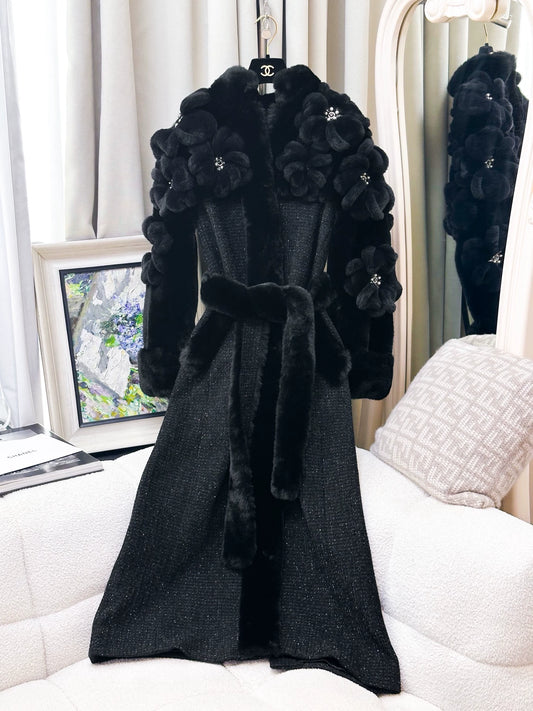 Chanel 25K camellia flowers black tweed coat