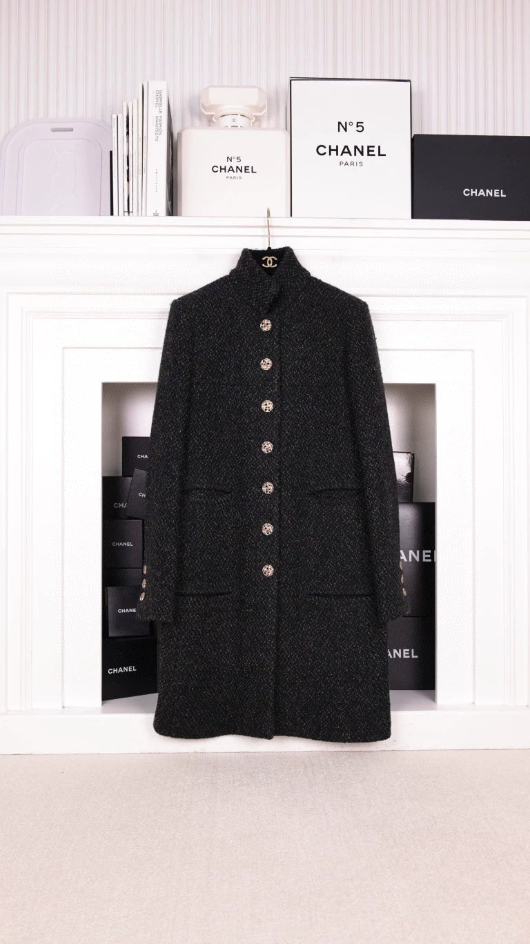 Chanel 18 Black and Green Tweed Long Coat