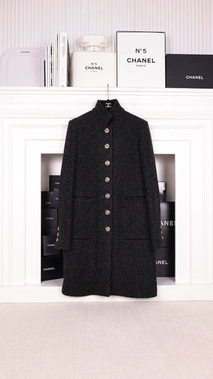 Chanel 18 Black and Green Tweed Long Coat