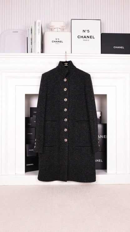 Chanel 18 Black and Green Tweed Long Coat