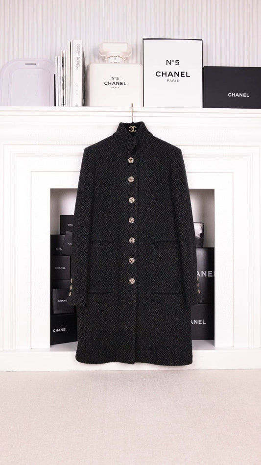 Chanel 18 Black and Green Tweed Long Coat