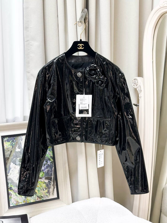 Chanel 23K black leather camellia jacket