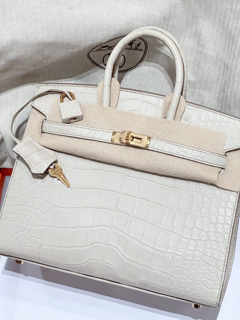 Hermès Birkin handbag in off-white matte crocodile leather with rose gold hardware, padlock, key and clochette