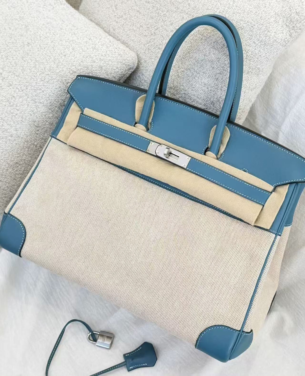 Hermes Birkin 35 Bleu Jean Swift & Ecru Toile Palladium hardware