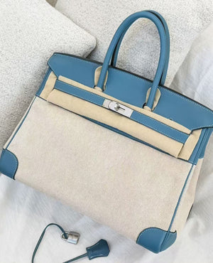 Hermes Birkin 35 Bleu Jean Swift & Ecru Toile Palladium hardware