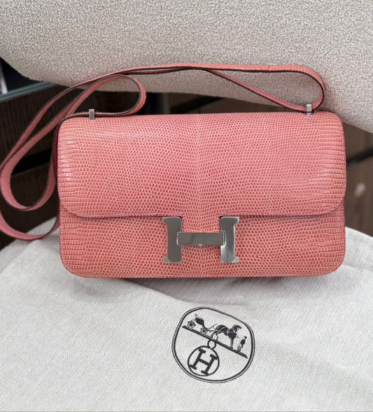 Hermès Constance Elan shoulder bag in pink lizard leather with palladium H clasp and long matching strap