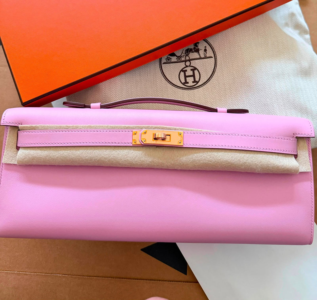 Hermes Kelly cut Mauve Sylvestre Swift Rose gold hardware