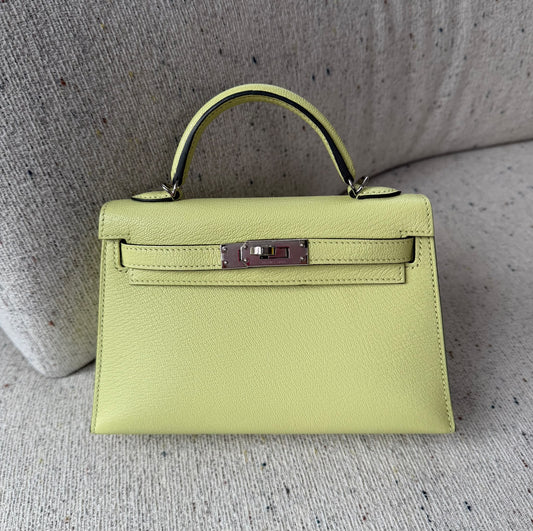Hermes mini Kelly 20 jaune bourgeon chevre palladium hardware