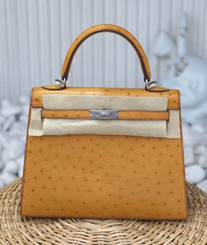 Hermes Kelly 25 Sellier gold ostrich palladium hardware