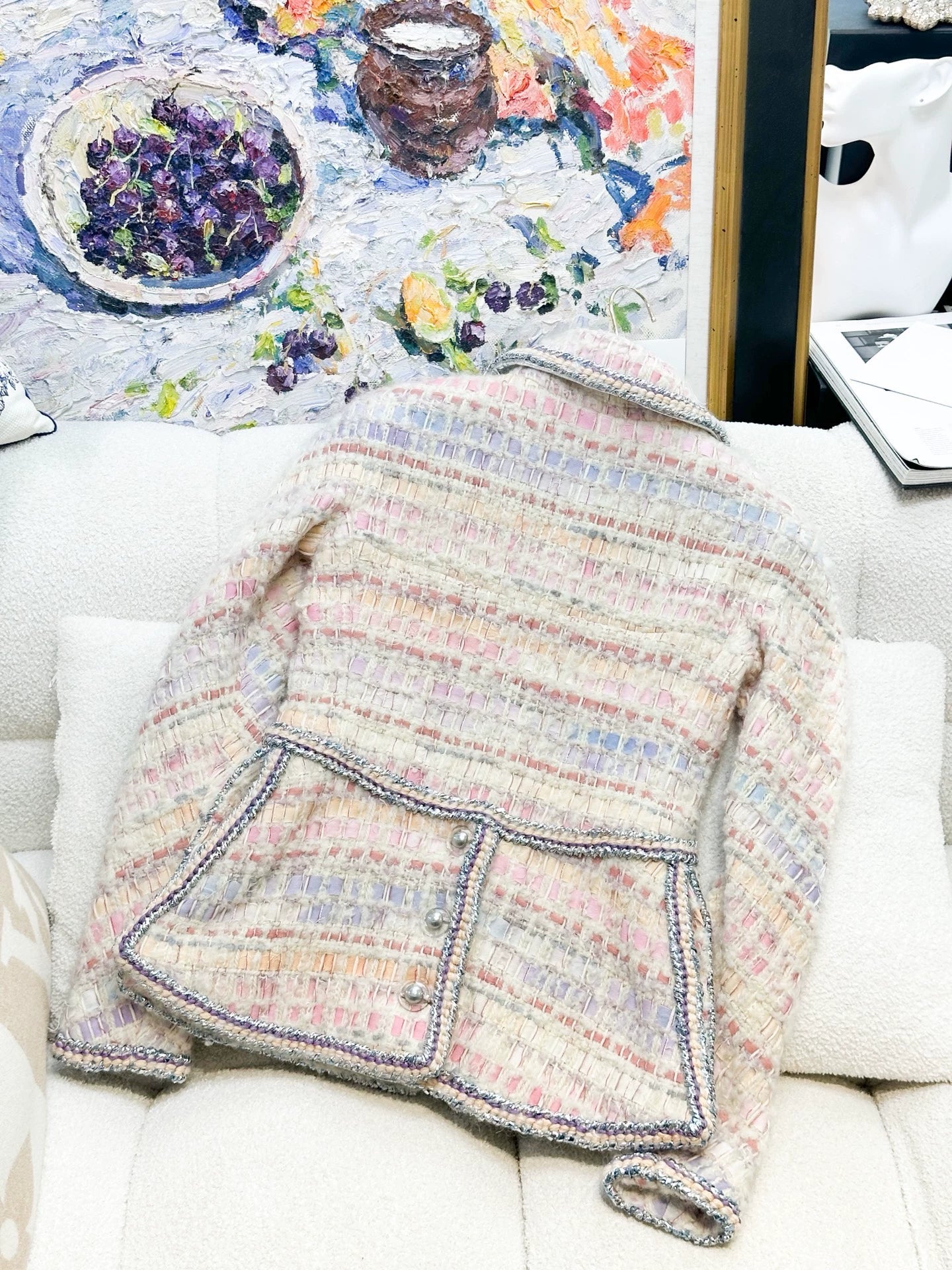 Chanel 17K mauve-pink mixed-color tweed jacket + skirt.