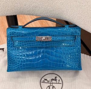 Hermes Kelly pochette blue Mykonos shiny alligator Palladium hardware