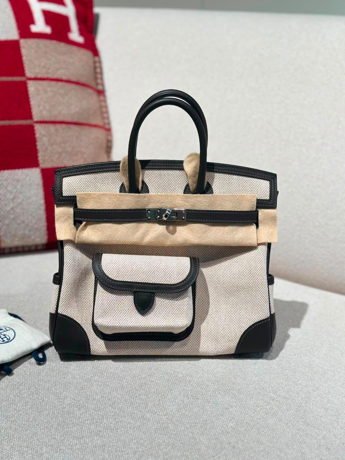 Hermes Birkin 25 Bai Brun Swift & Ecru Toile Palladium hardware
