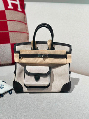 Hermes Birkin 25 Bai Brun Swift & Ecru Toile Palladium hardware
