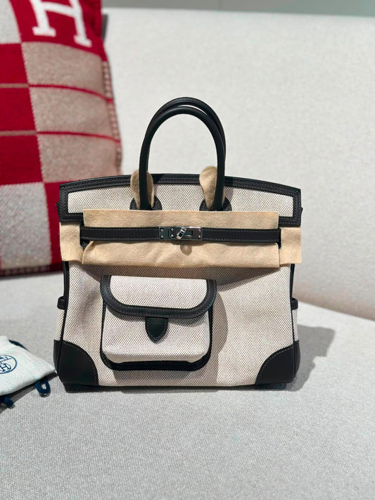Hermes Birkin 25 Bai Brun Swift & Ecru Toile Palladium hardware