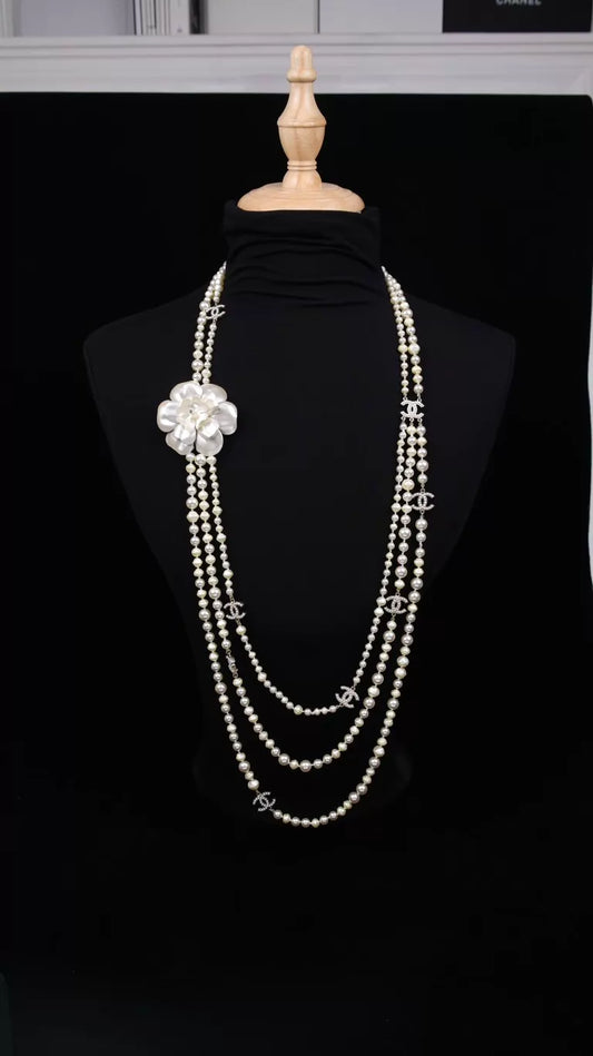 Chanel 09 White Pearl Camellia Three-Layer Long Necklace