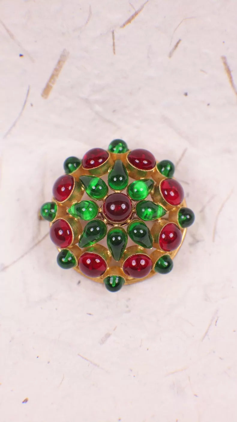 Chanel Red and Green Glass Flower Brooch