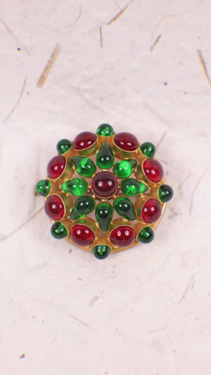 Chanel Red and Green Glass Flower Brooch