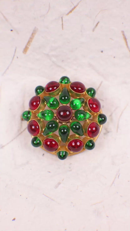 Chanel Red and Green Glass Flower Brooch