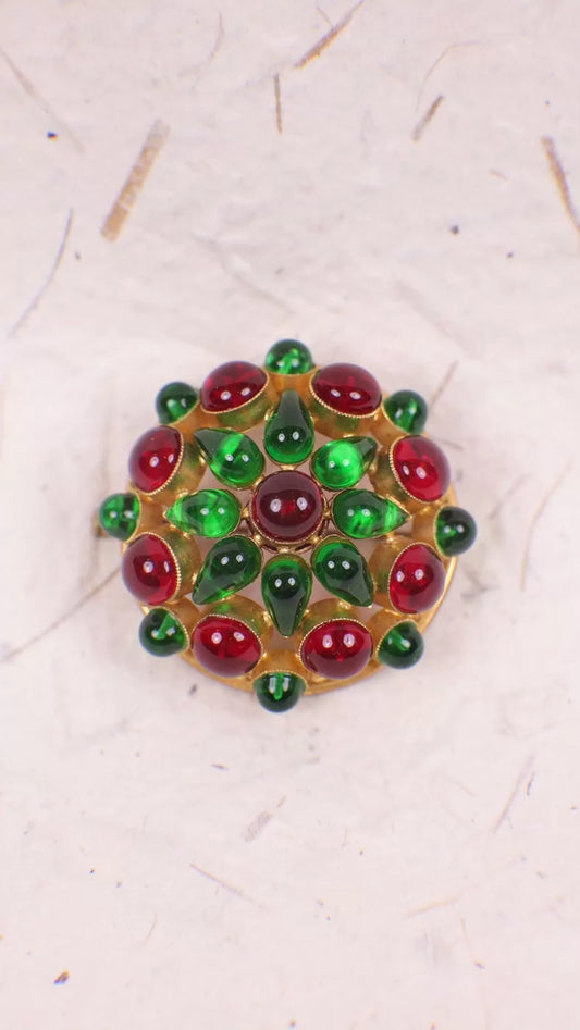 Chanel Red and Green Glass Flower Brooch