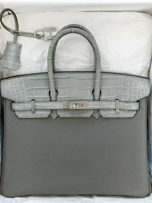 Hermes Birkin 25 touch Gris Ciment matte alligator / Togo Palladium hardware