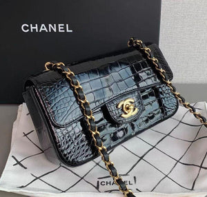 Chanel Classic Flap Black Shiny Alligator gold hardware