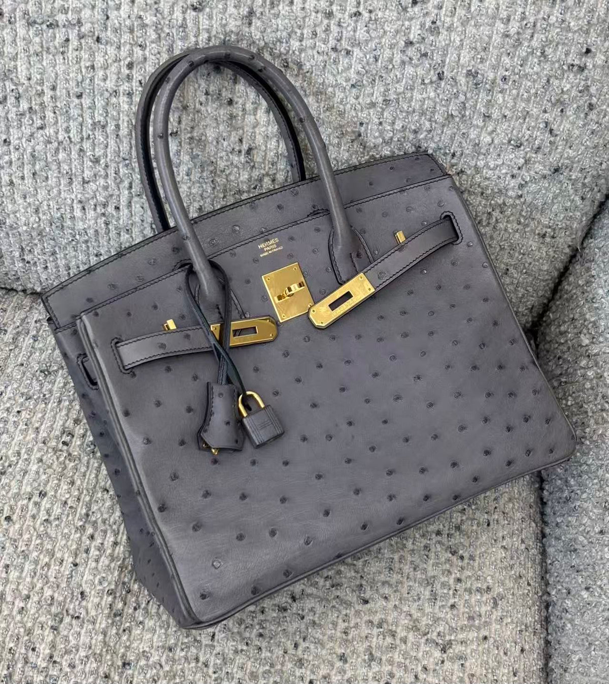 Hermes Birkin 30 Gris agate ostrich gold hardware
