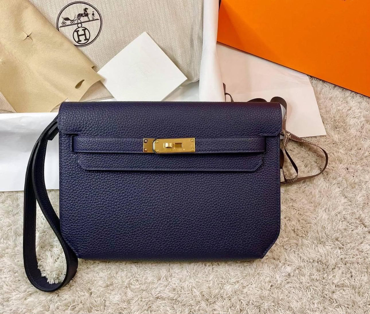 Hermes Kelly Depeches Blue Nuit Togo Gold hardware