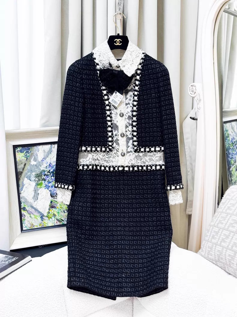 Chanel 16A black blue tweed white lace dress