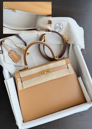 Hermes Kelly 25 Verso Biscuit / Blanc Madame Gold hardware