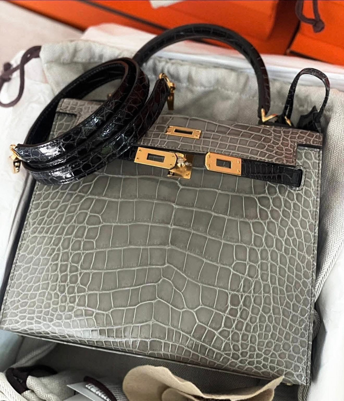 Hermes Kelly 25 Gris Tourterelle / Blakc Shiny Alligator Gold hardware