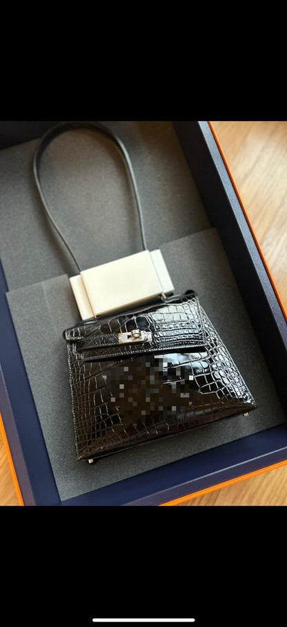 Hermes Kelly En Desordre Black Shiny Alligator Palladium hardware