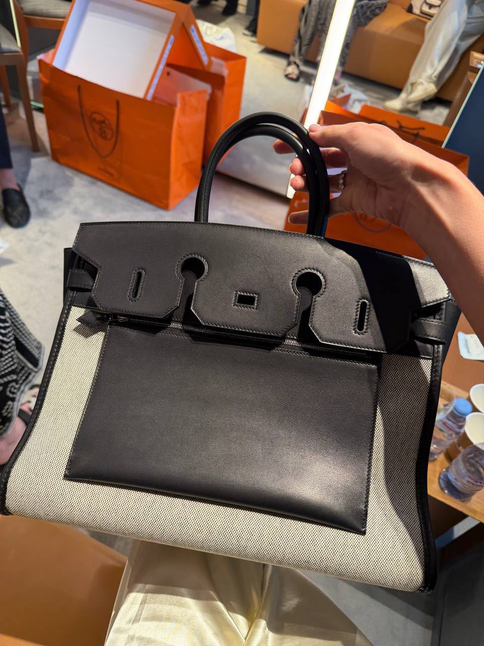 Hermes Birkin 35 A l’Envers Black Volupto & Ecru Toile Palladium hardware