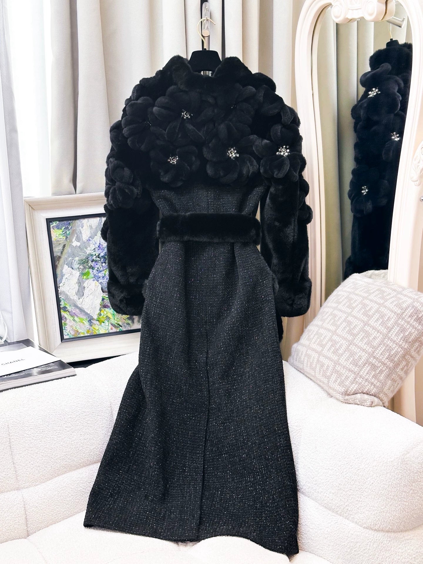 Chanel 25K camellia flowers black tweed coat