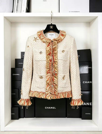 Chanel 26M ecru orange red tweed Jacket