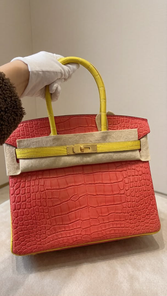 Hermes Birkin 30 Hss Bougainvillier / Mimosa Matte Alligator Gold hardware
