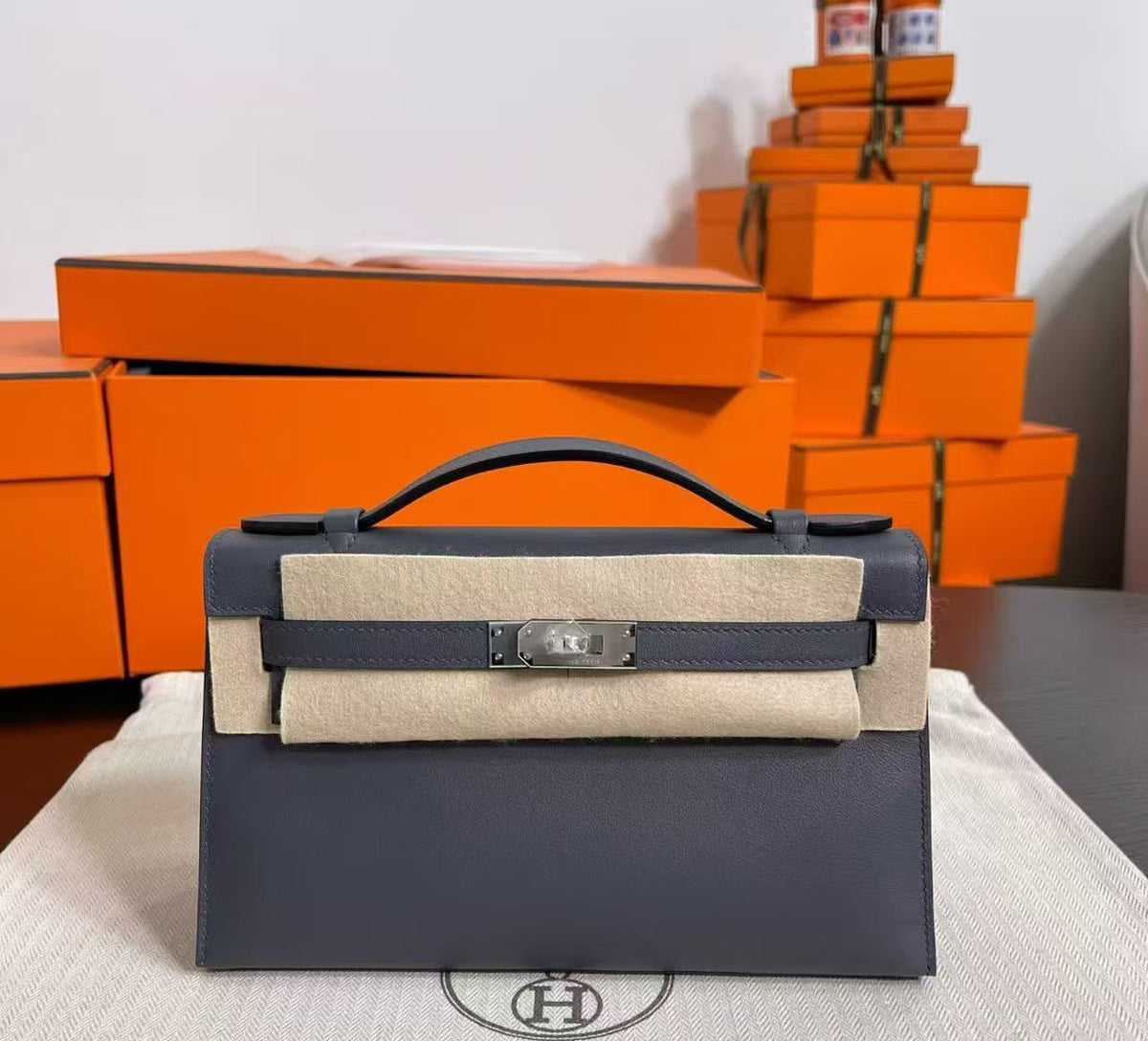 Hermes Kelly pochette Ardoise Swift Palladium hardware