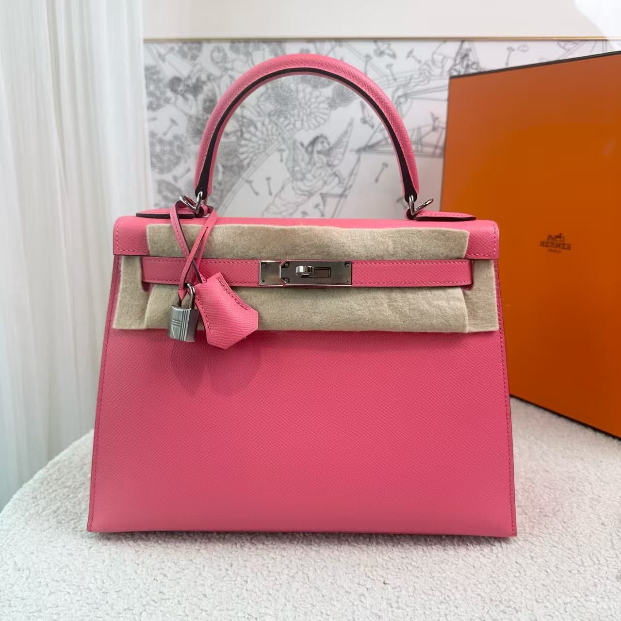 Hermes Kelly 28 Rose Azalee Epsom Palladium hardware