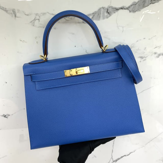 Hermes Kelly 28 Blue Mykonos Epsom Gold hardware