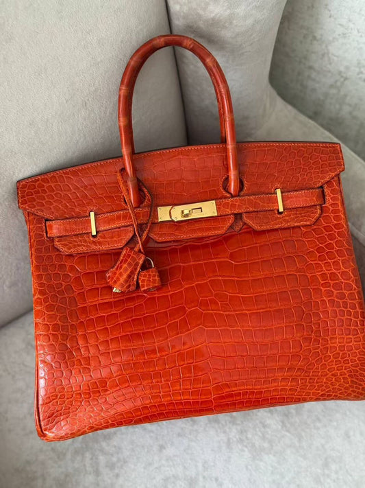 Hermès Birkin 35 Orange Shiny Porosus Gold hardware