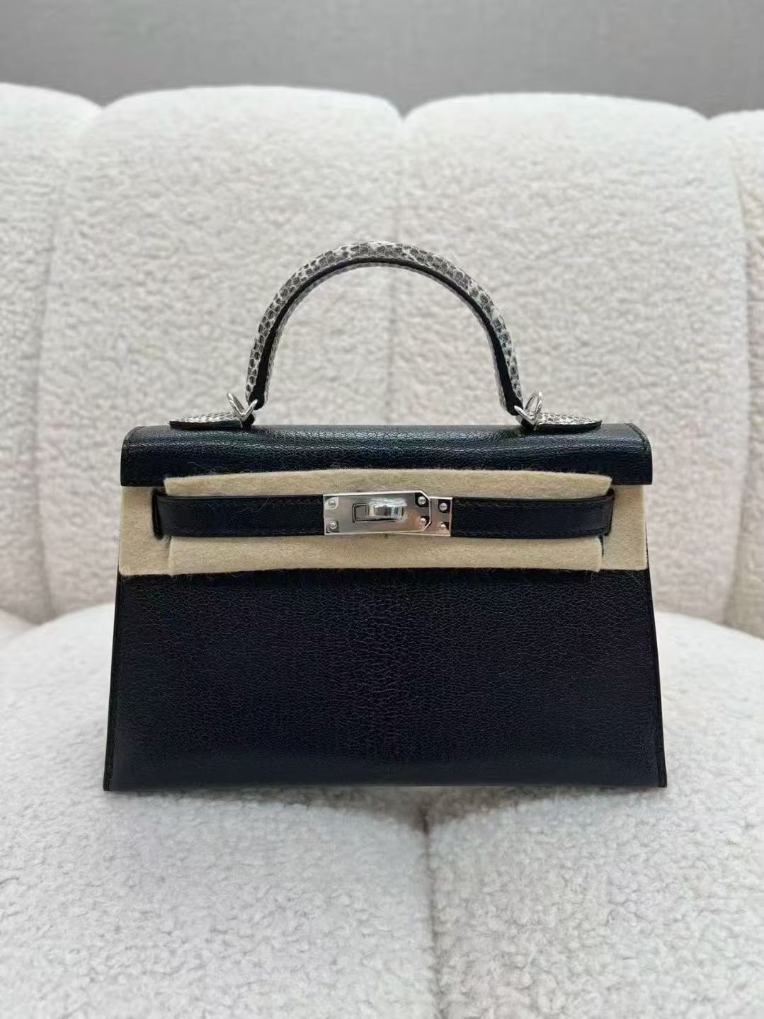 Hermes Mini Kelly 20 Black Chevre / Ombre Lizard Palladium hardware