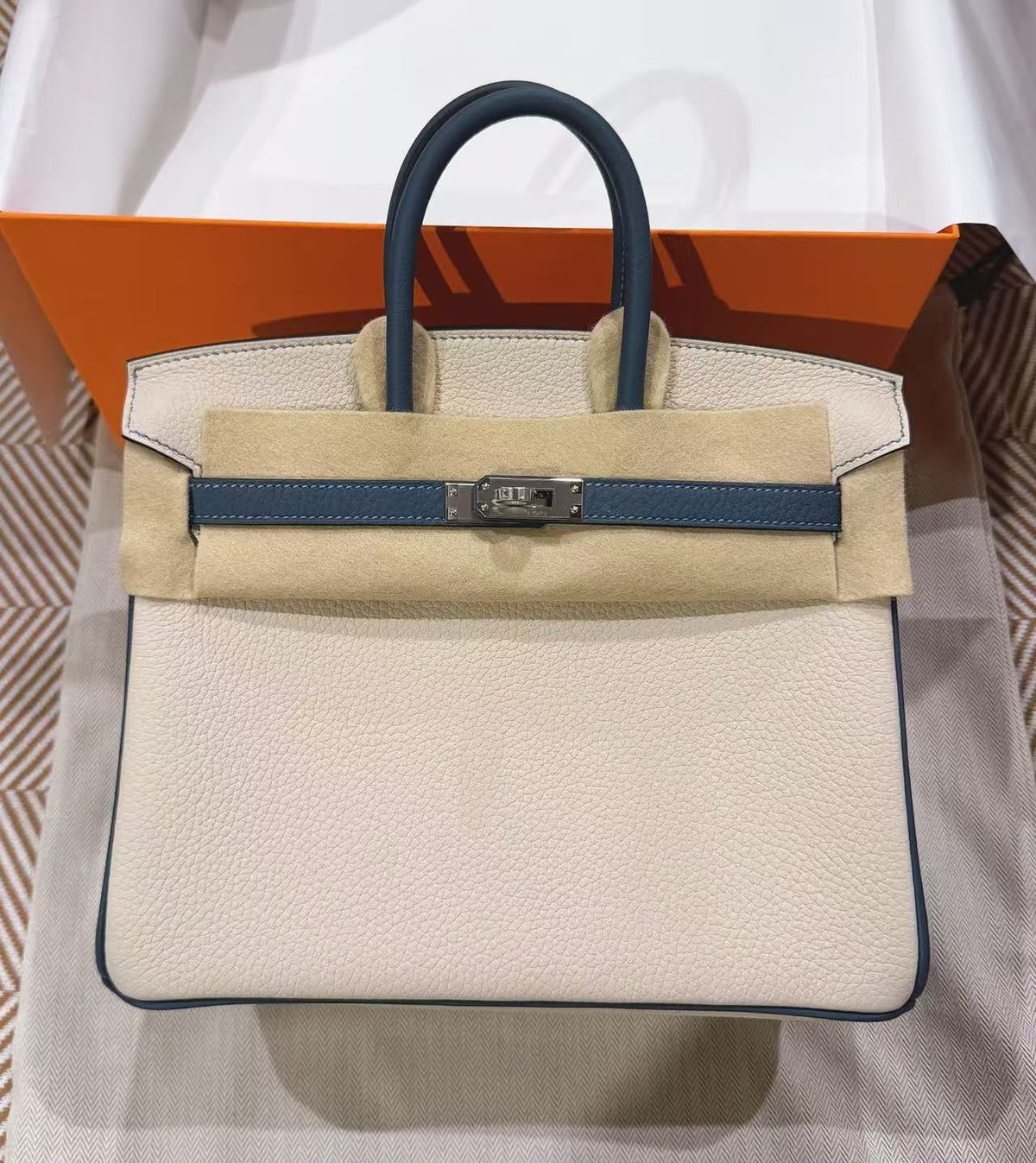 Hermes Birkin 25 Hss Craie / Bleu Tempete Togo Palladium hardware