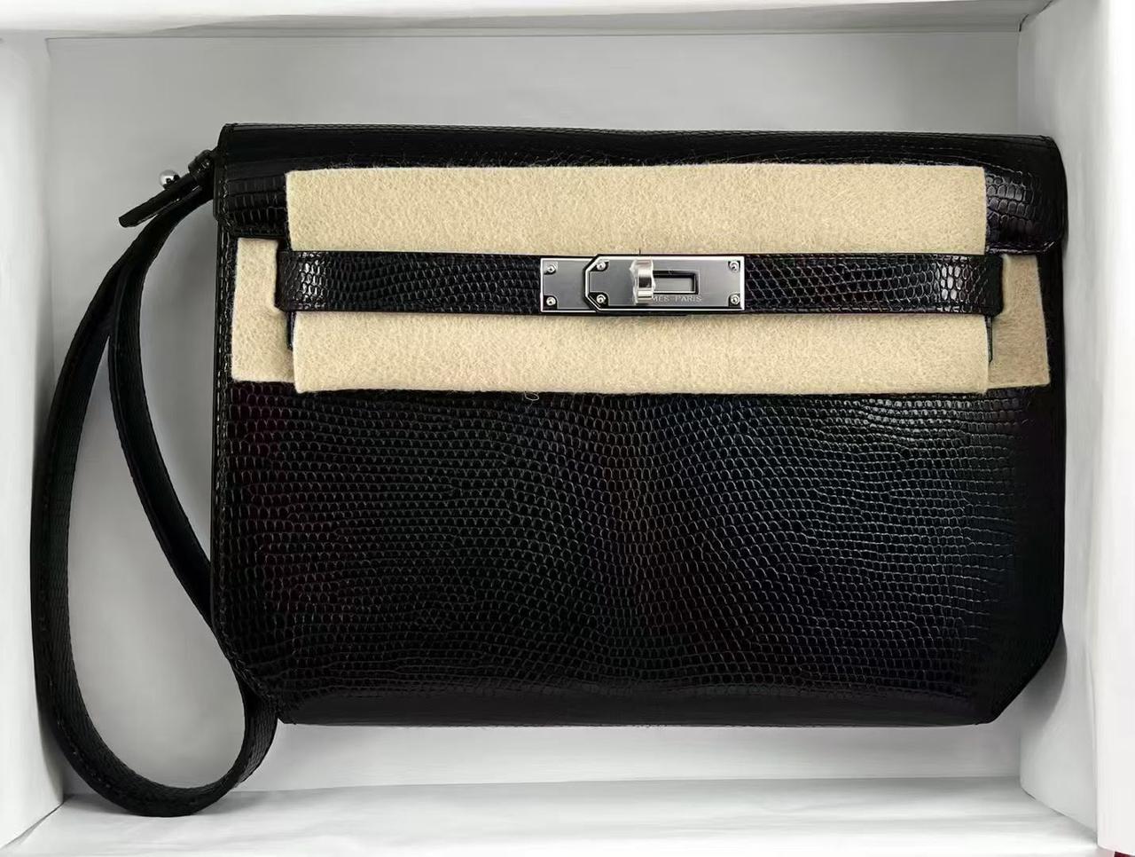 Hermes Kelly Depeches Black Lizard palladium hardware