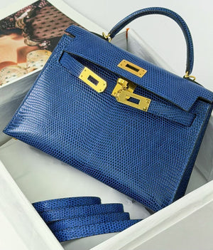 Hermes Kelly 20 blue sapphire lizard gold hardware
