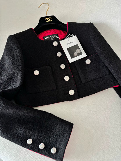 Chanel 21K Black Rhinestone Button Short Jacket