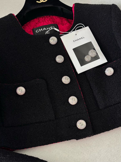 Chanel 21K Black Rhinestone Button Short Jacket
