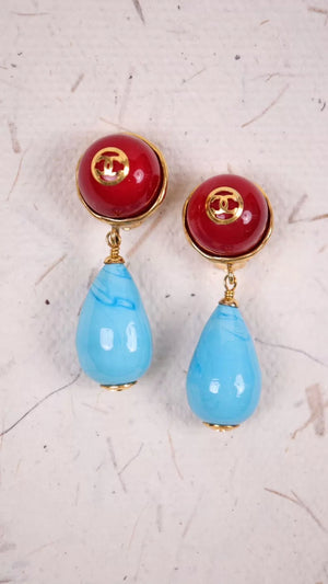 Chanel 93 Red and Blue Glazed Glass Teardrop Pendant Earrings