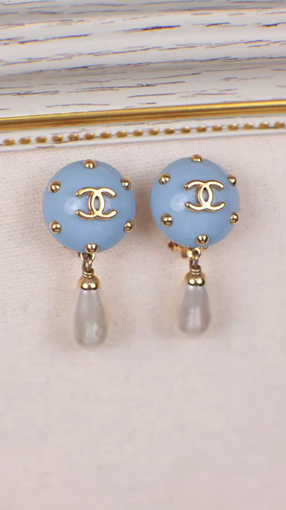 Chanel 96 Blue Studded Pearl Pendant Earrings