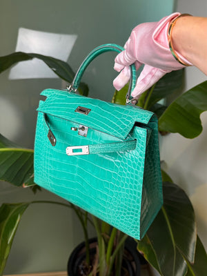Hermes Kelly 25 Vert Jade Shiny Alligator Palladium hardware