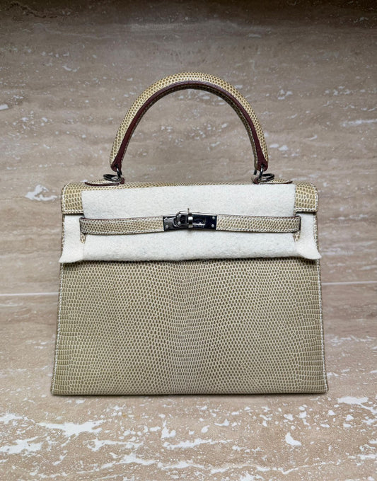 Hermes Kelly 25 Ficelle Lizard Ruthenium hardware